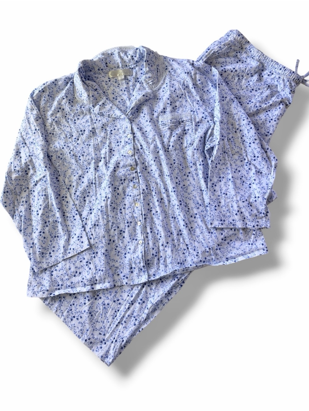 Eileen West Soft Cotton Grannycore 2 Piece Pajama Set White Blue Size 3X